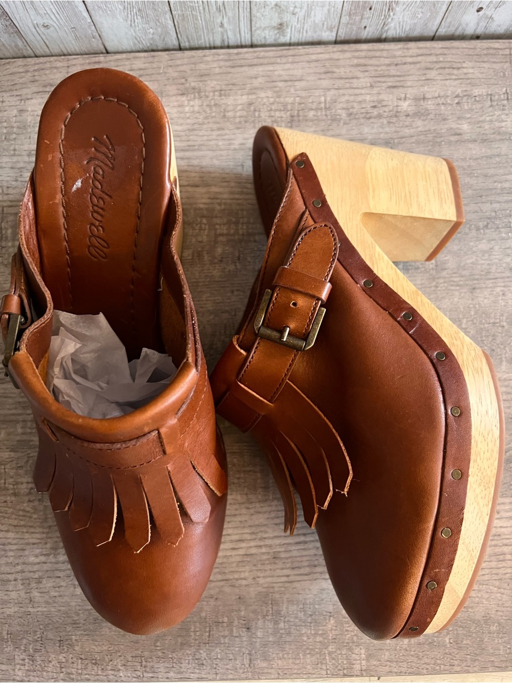 Madewell Kiltie Women's Brown Leather Fringe Clog Heels Wooden Studded Size 9